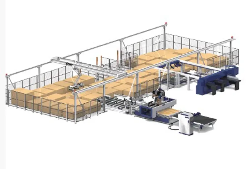 IDEA FS-3012 — aplicație cu conectare la linie de Nesting și circular cu alimentare prin spate