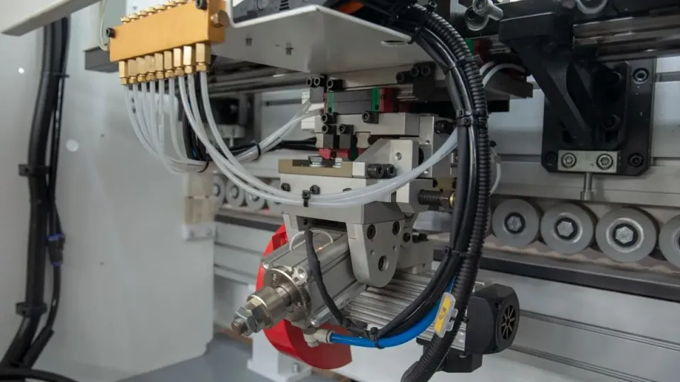 Mașină de aplicat cant softforming 45 grade NB380E Nanxing — vedere de ansamblu
