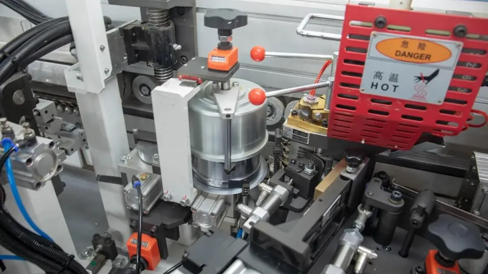 Mașină de aplicat cant softforming 45 grade NB380E Nanxing — vedere de ansamblu