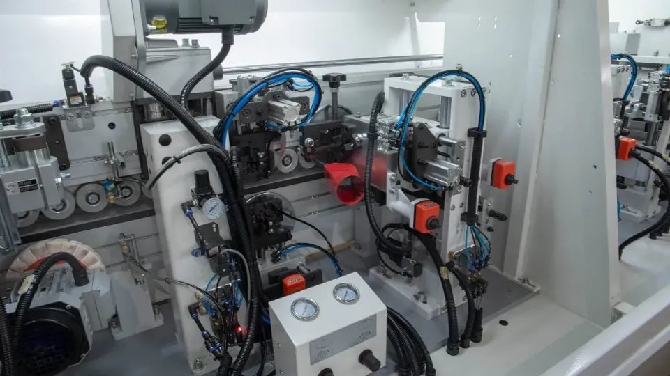 Mașină de aplicat cant softforming 45 grade NB380E Nanxing — vedere de ansamblu