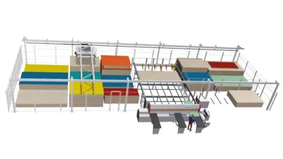 Sistem automat de depozitare și alimentare panouri lemn SADP Nanxing — vedere de ansamblu