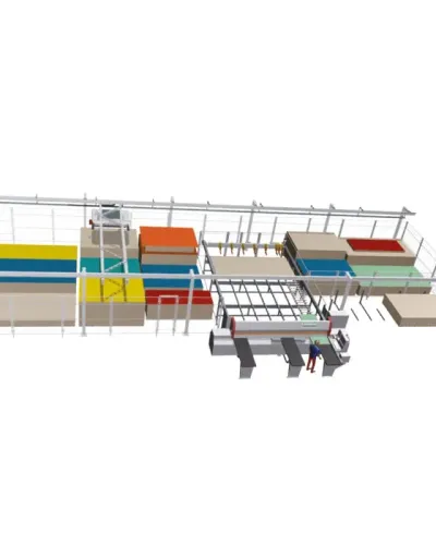 Sistem automat de depozitare și alimentare panouri lemn SADP Nanxing — vedere de ansamblu